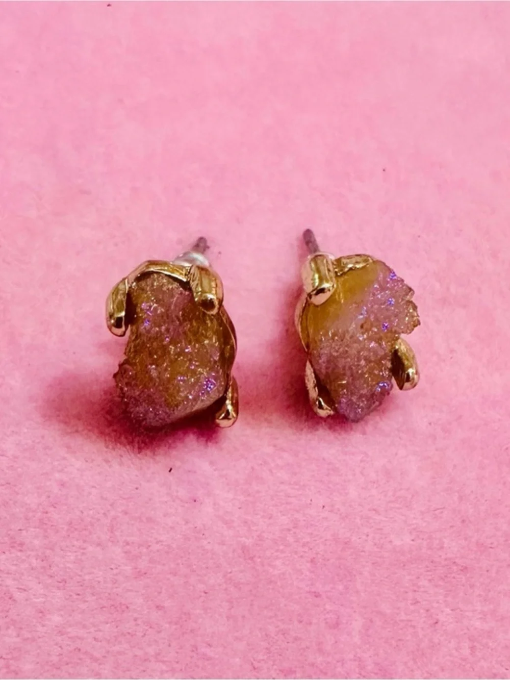 Gold Tone Druzy Stone Stud Earrings - Picture 1 of 2